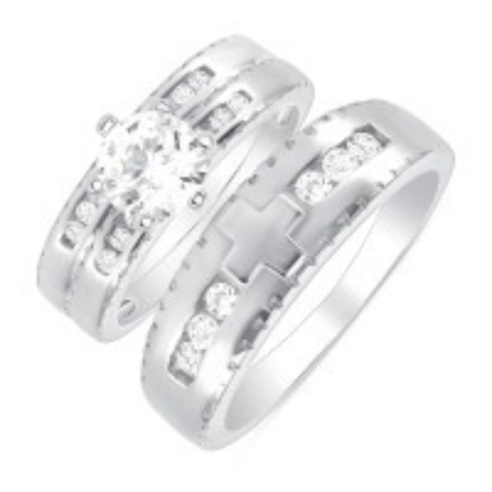 3PC 925 SILVER TRIOS ROUND CZ CROSS WEDDING BANDS